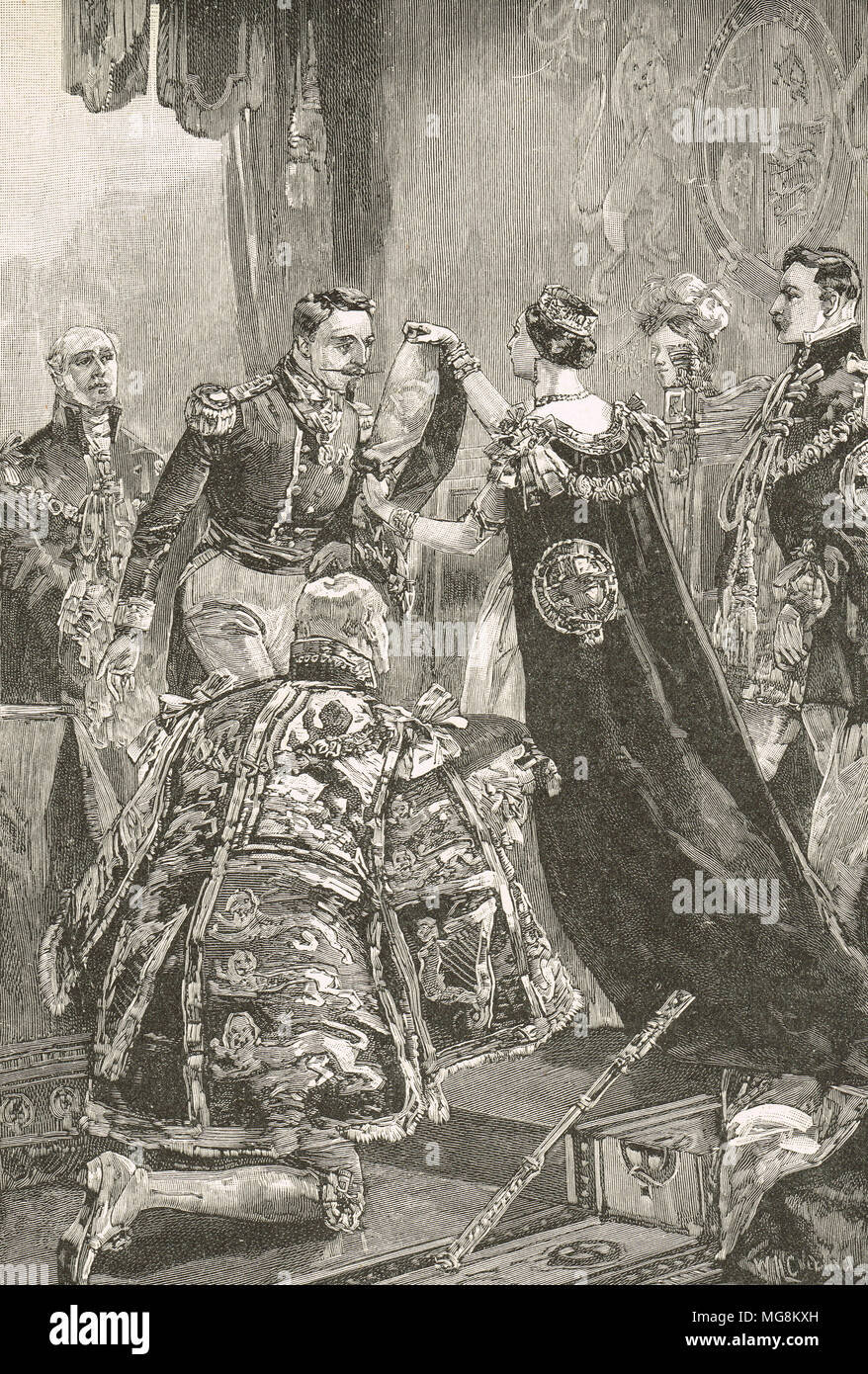 La regina Victoria knighting Napoleone III, Imperatore di Francia, 18 Aprile, 1855 Foto Stock