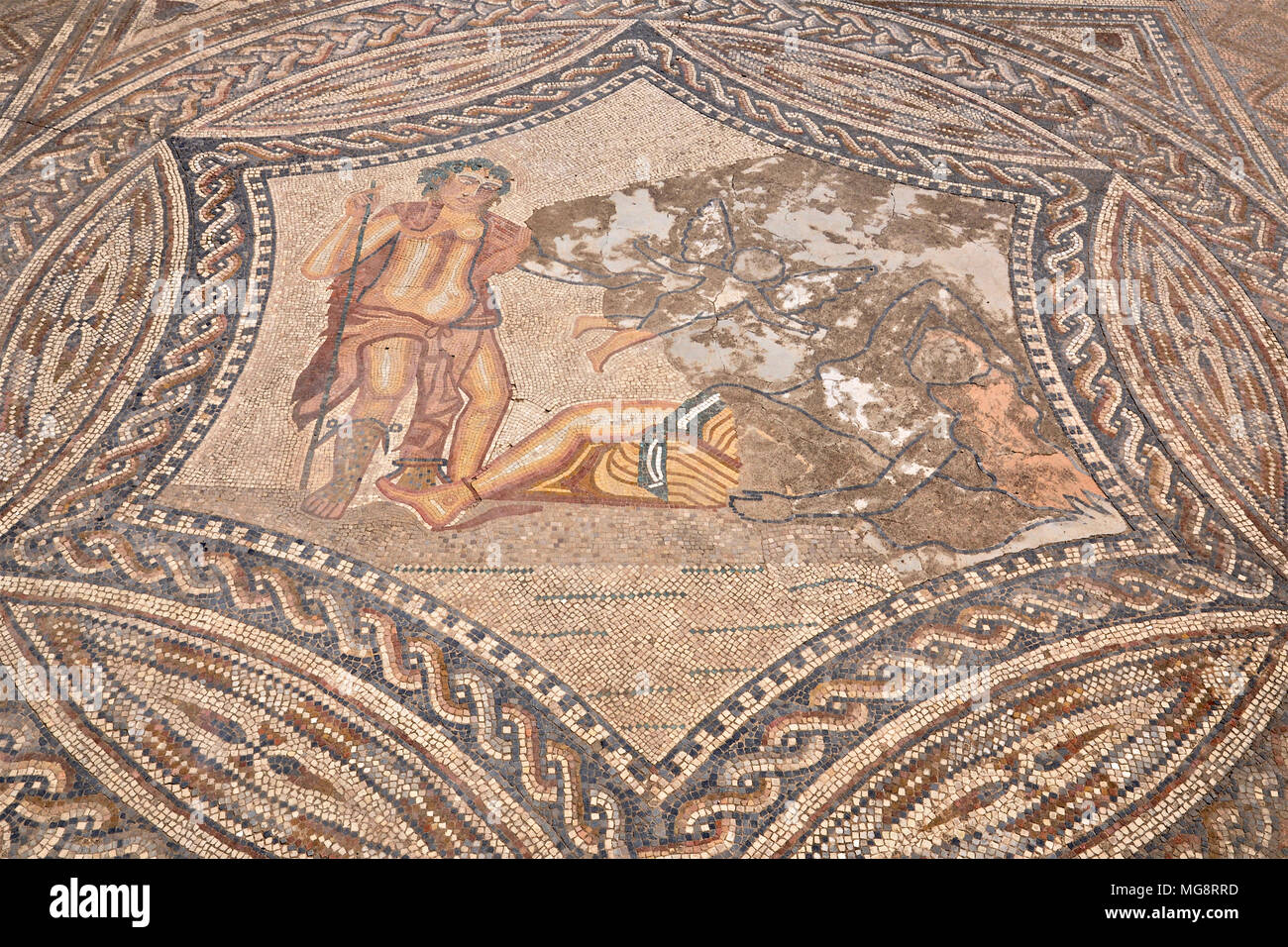 Dettaglio di Bacco e Arianna mosaico nel cavaliere del tempio a Volubilis rovine romane (Fès-Meknès, Marocco) Foto Stock