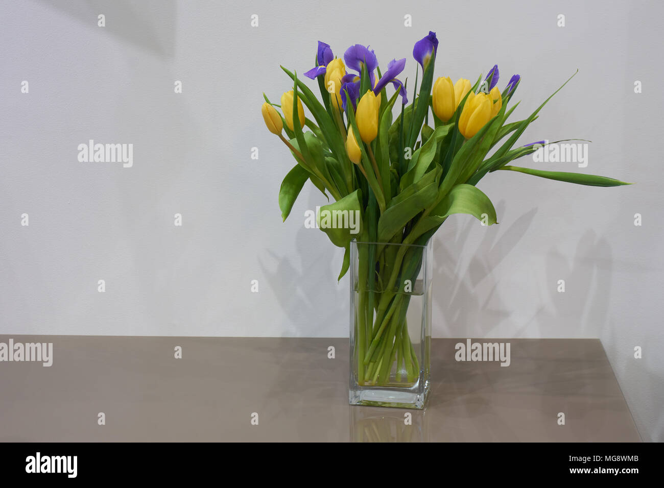 Mazzo di tulipani gialli e viola iridi sul tavolo Foto Stock