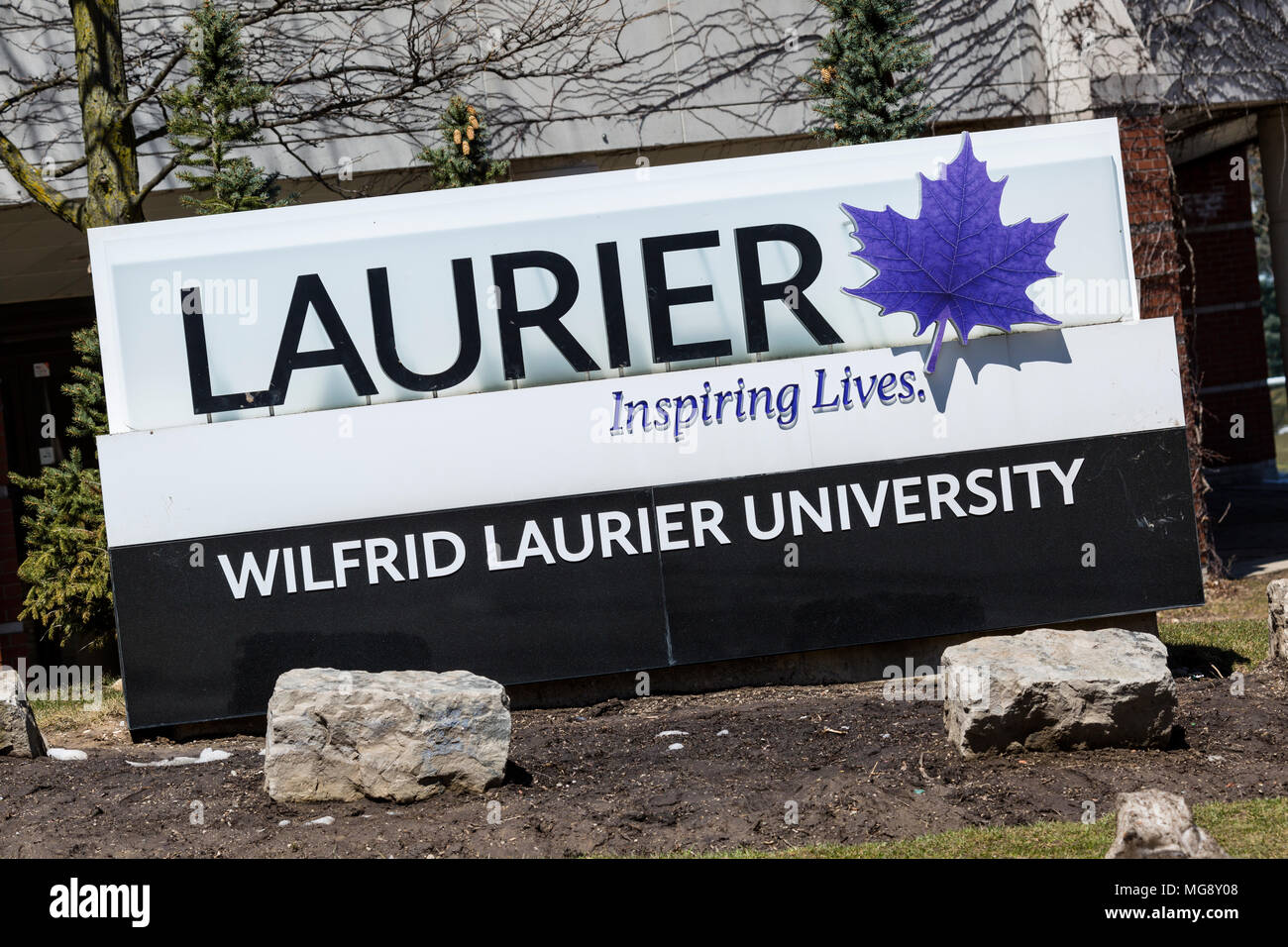 Il logo di segno della Wilfrid Laurier University di Waterloo, Ontario Foto Stock