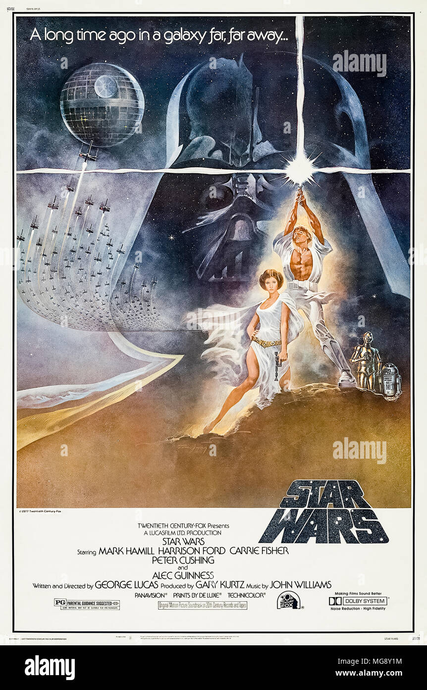 Star Wars (1977) diretto da George Lucas e interpretato da Mark Hamill, Harrison Ford e Carrie Fisher. L'Alleanza ribelle distruggere le forze imperiali ultima arma in una galassia molto molto lontano… Foto Stock