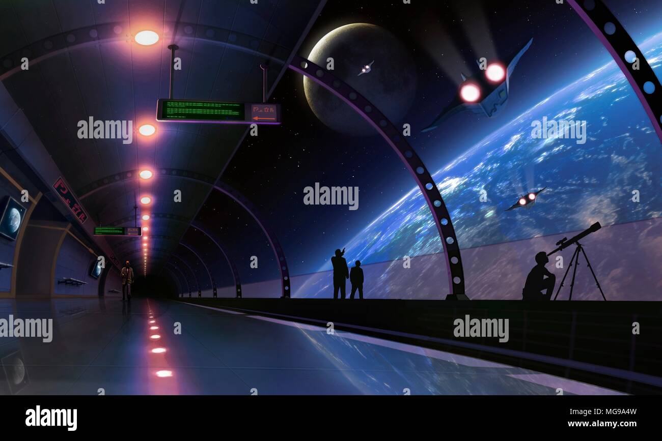 Illustrazione concettuale di una stazione spaziale, Terminale o habitat in orbita intorno alla Terra in futuro. Le persone sono considerate al di fuori di puntamento, e uno di loro è usando un telescopio. Foto Stock