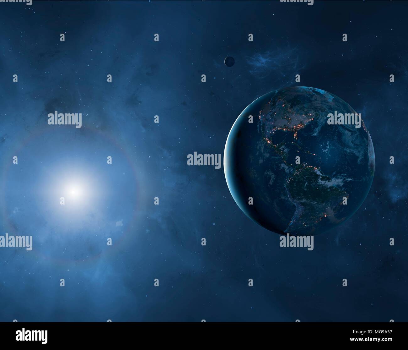 Illustrazione della terra e della luna che mostra una grande proporzione del pianeta nelle tenebre. Le città sono viste scintillanti, che definiscono i bordi dei continenti. Questa visualizzazione mostra il Nord e Sud America. Foto Stock