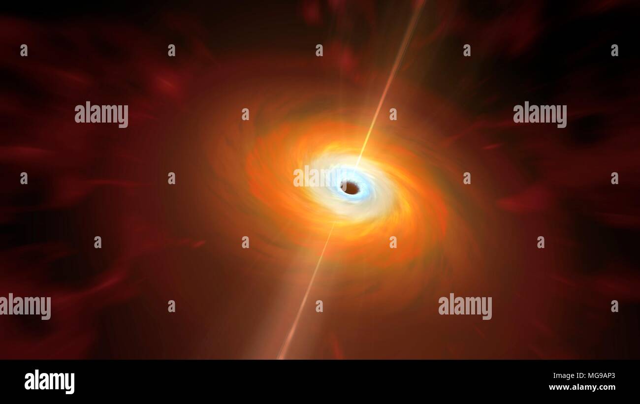 Buco nero, illustrazione. Un buco nero è un oggetto (di solito una stella collassata) così compatta che nulla può sfuggire alla sua forza gravitazionale. Neppure la luce. Sulla Terra un oggetto deve essere lanciato con una velocità di 11 chilometri al secondo se si tratta di sfuggire al pianeta la gravità e andare in orbita. Ma la velocità di fuga di un buco nero supera la velocità della luce. Dal momento che nulla può viaggiare più velocemente rispetto a questa velocità massima, buchi neri aspirare tutto compreso luce, che li rendono assolutamente oscuro e invisibile. Foto Stock