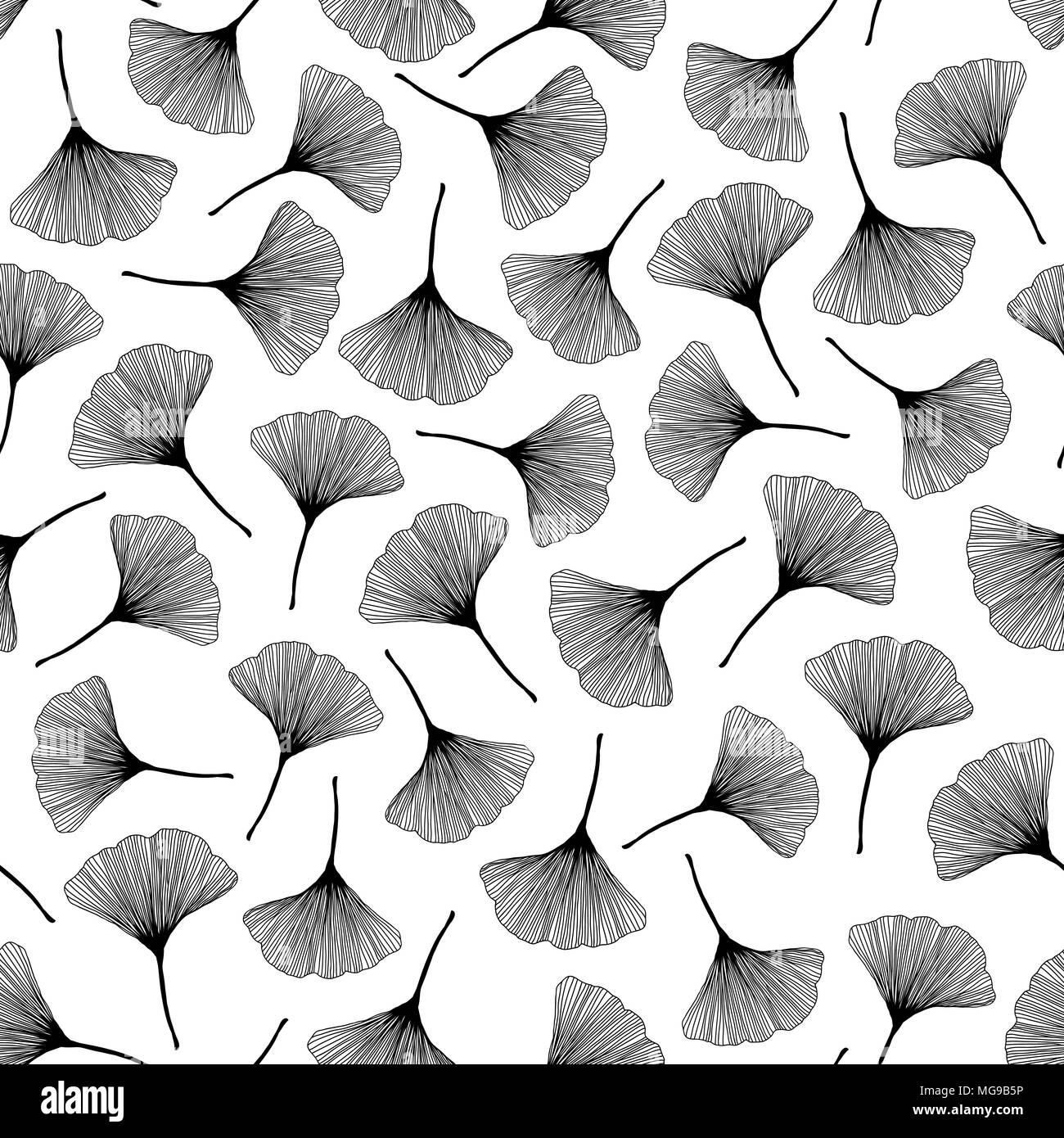 Modello senza cuciture con foglie di ginkgo. Texture monocromatica. Bianco e nero illustrazione. Foglia di contrasto sullo sfondo. Per la carta da parati, riempimenti, pagina web Illustrazione Vettoriale