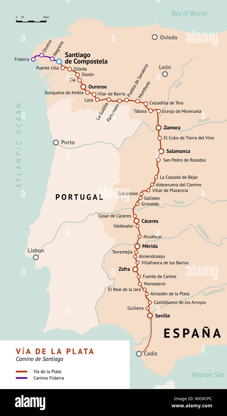 Vía de la Plata mappa. Il percorso di argento. Camino de Santiago o il modo di San Giacomo in Spagna. Antico percorso di pellegrinaggio dal sud della Spagna a Santiago Illustrazione Vettoriale