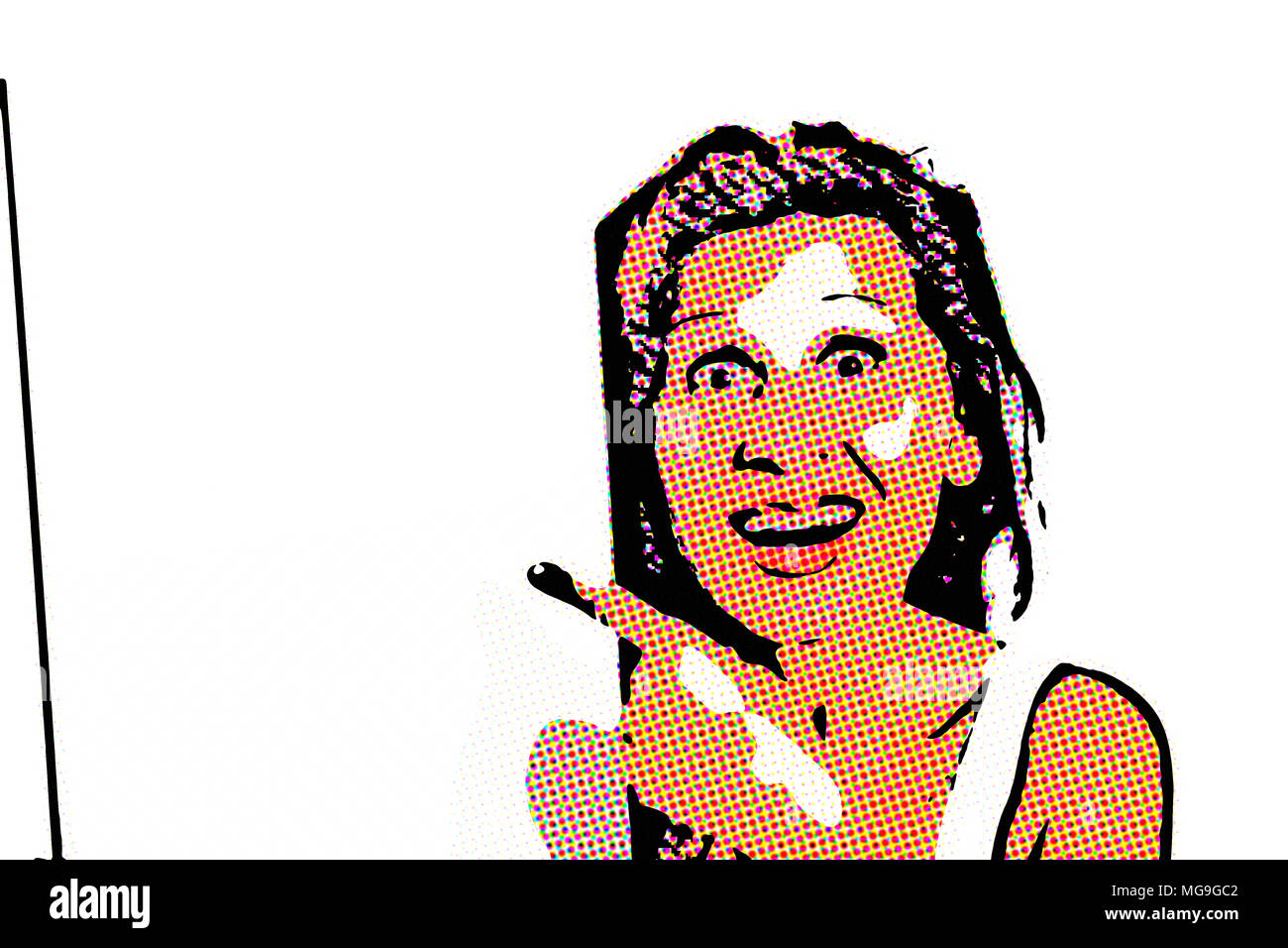 Illustrazione di Felice donna matura con gli arabi e Medio Orientale dei tratti somatici e capelli lunghi marrone tinto con henna sorrisi puntando il dito a blan Foto Stock