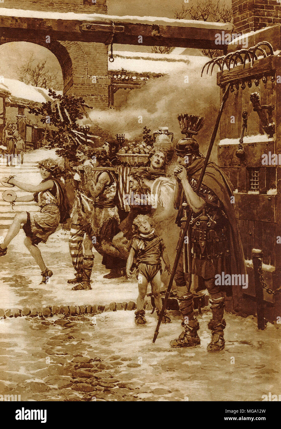 Festaioli per le strade di Bretagna Romana passare un soldato romano della guardia Foto Stock