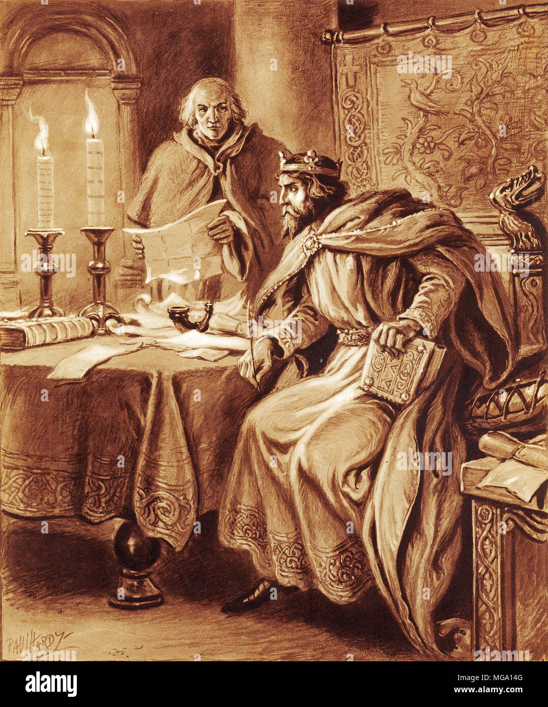 King Alfred di Inghilterra escogita un modo per due candele per bruciare in modo uniforme in modo che egli possa tenere il tempo con precisione. Da un dipinto originale di Paul Hardy. Foto Stock