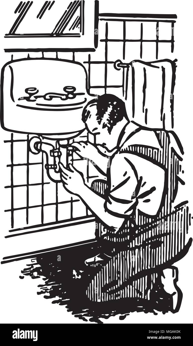 Plumber al lavoro - retrò illustrazione clipart Illustrazione Vettoriale