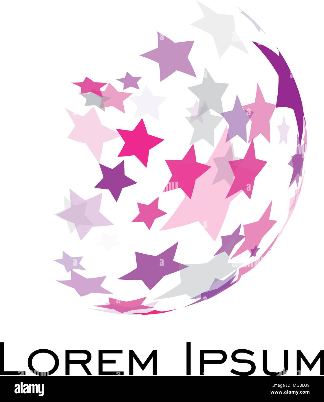 Abstract vettore logo sferico realizzato in viola stelline a cinque punte come una cometa o pallone da calcio con pezzi di disintegranti Illustrazione Vettoriale