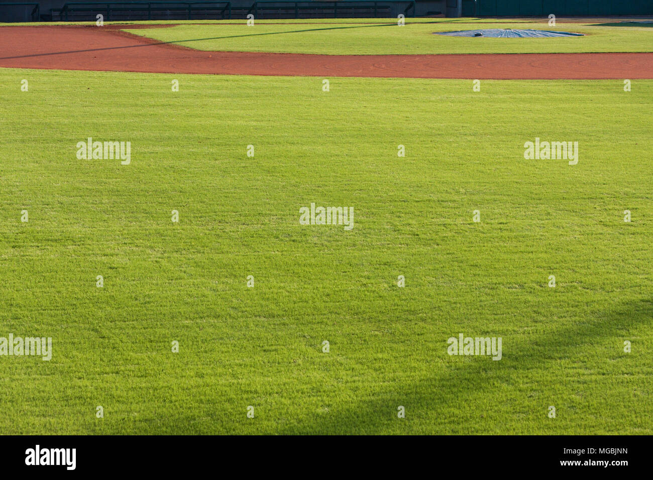Generic scena di infield sporco e fuori campo lato erba del campo da baseball. Foto Stock