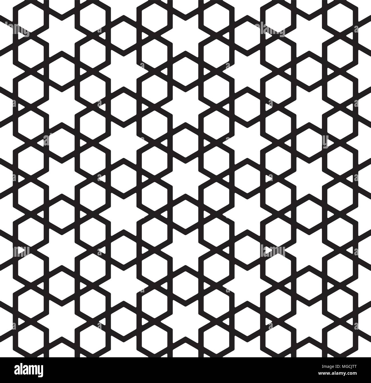 Seamless pattern in bianco e nero in linee spesse.l a sei punte stelle e da esagoni.Gli angoli arrotondati. Illustrazione Vettoriale