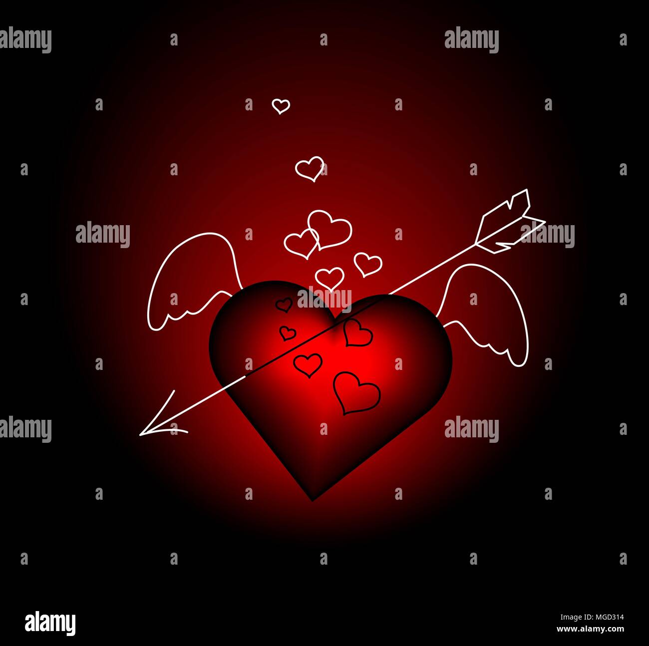 Vetro cuore rosso e freccia su nero . Illustrazione Vettoriale