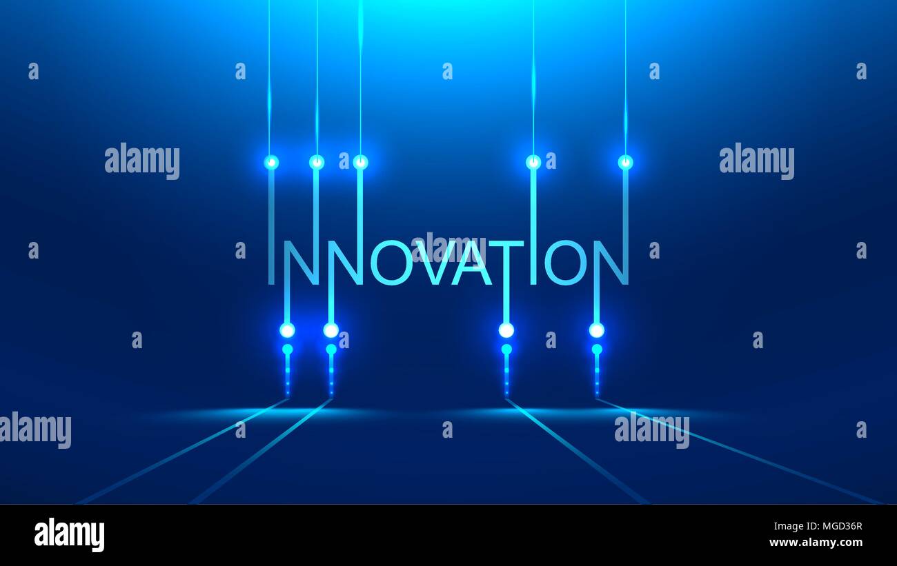 Parola d'innovazione. tecnologia metafora o concetto banner titolo. Sfondo blu. Scheda a circuito stampato style Illustrazione Vettoriale