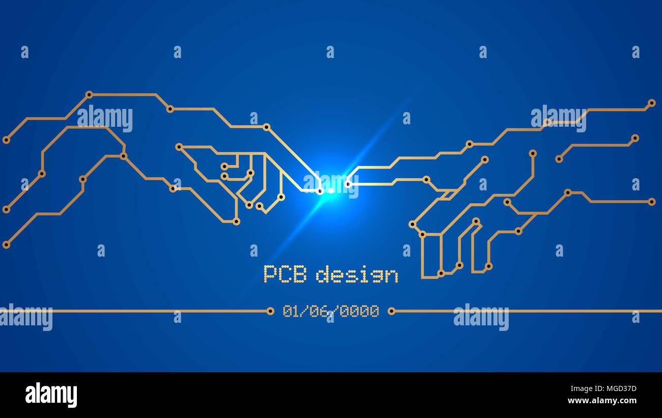 Progettazione, sviluppo e restauro di schede a circuito stampato. Blue scheda a circuito stampato - circuito stampato, conduttori e piazzole di contatto nella forma di vernice Illustrazione Vettoriale