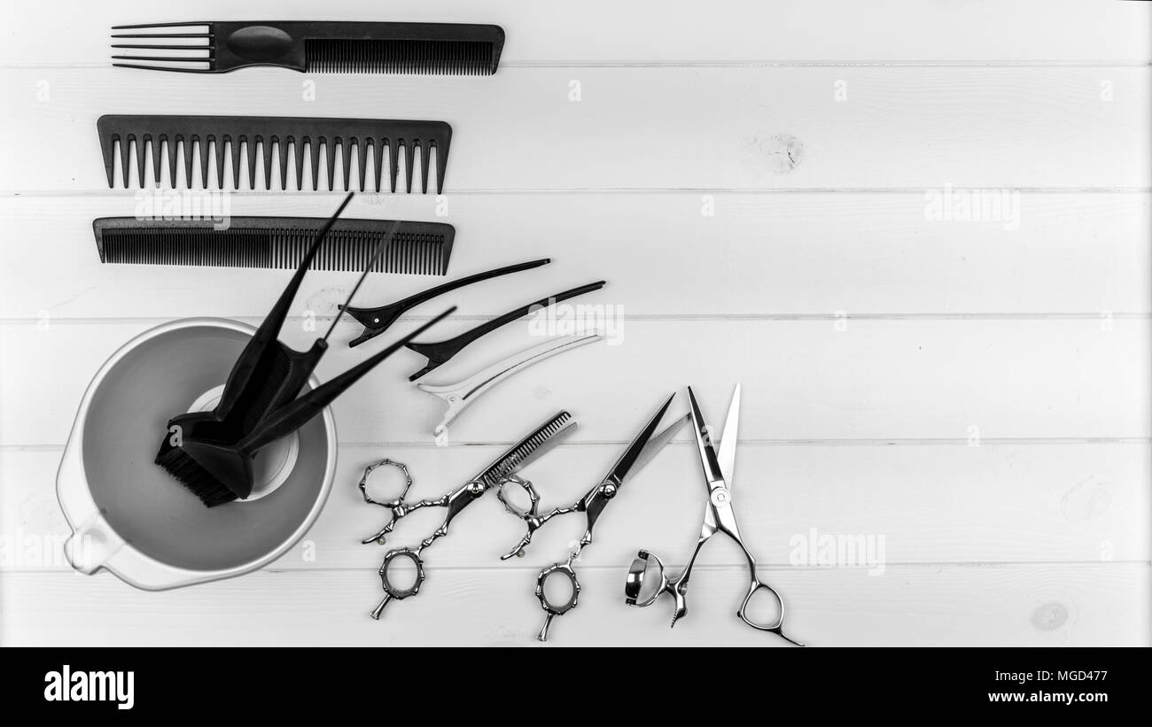 Taglio di capelli professionale pettini, forbici, clip, vaso, la colorazione di spazzole per capelli e toelettatura Foto Stock