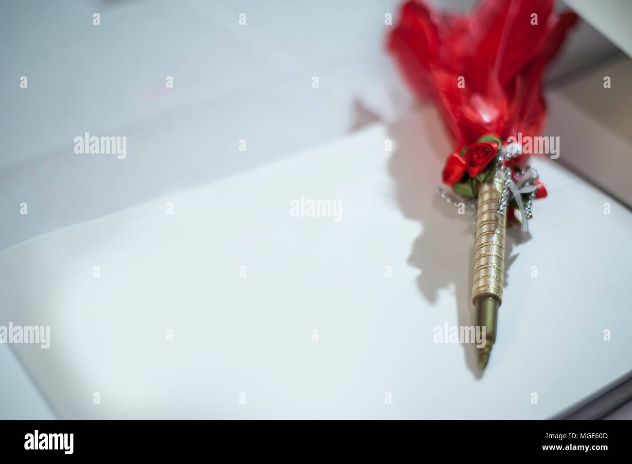 Blank guest book nella festa di nozze e penna decorata con piuma. Foto Stock