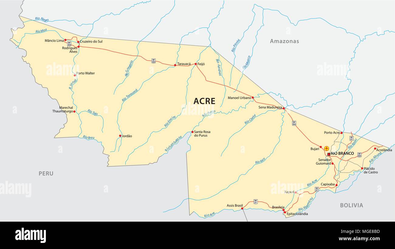 Acre road mappa vettoriale, brasile Illustrazione Vettoriale