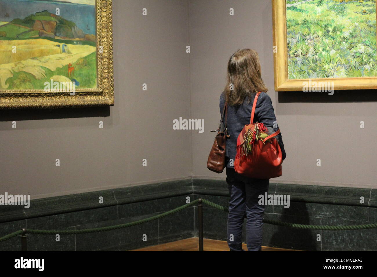 Una donna intenta a ammirando un dipinto di fronte ad esso in un museo Foto Stock