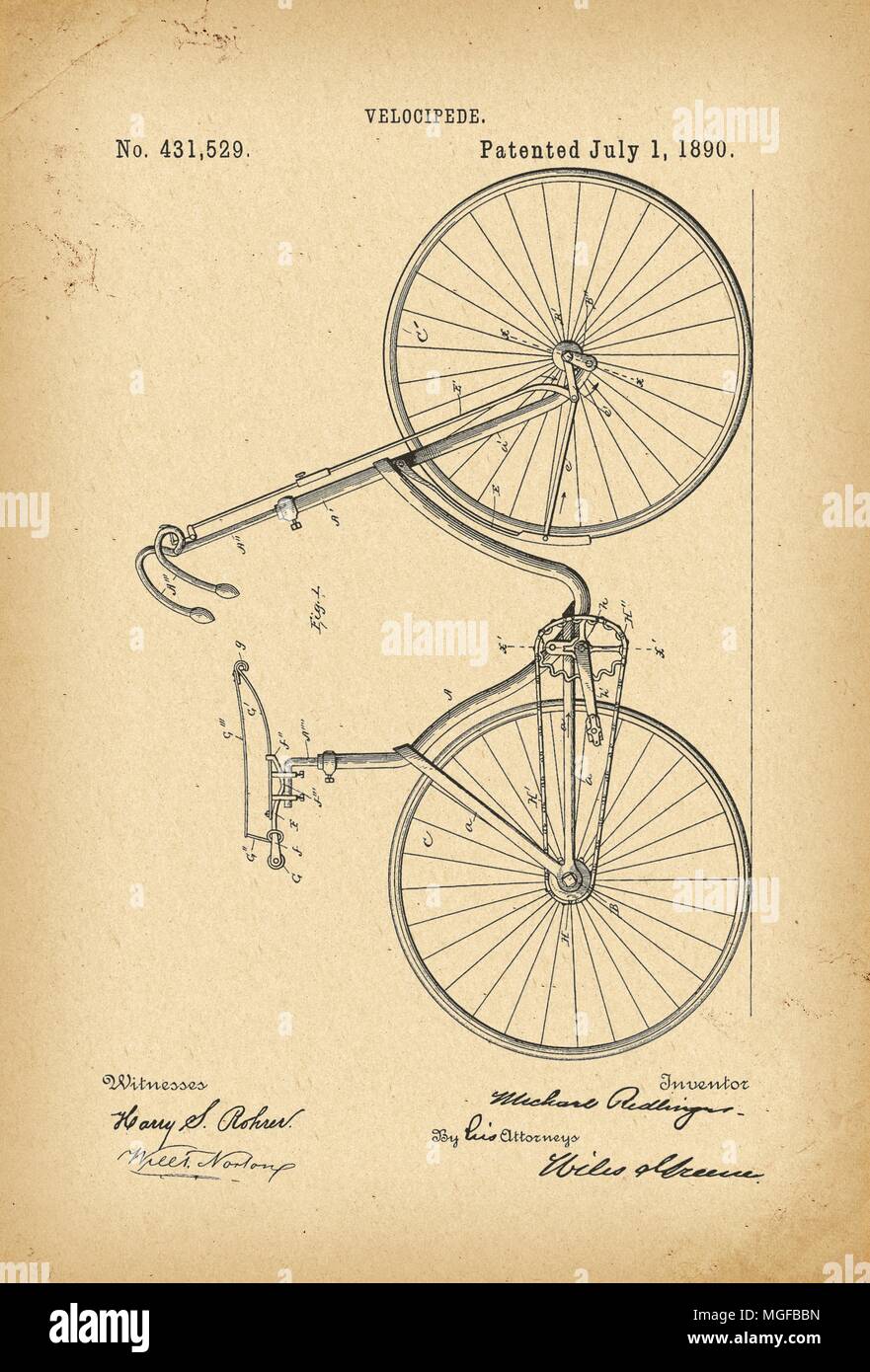 1890 Brevetto bicicletta Velocipede storia trovato Foto Stock