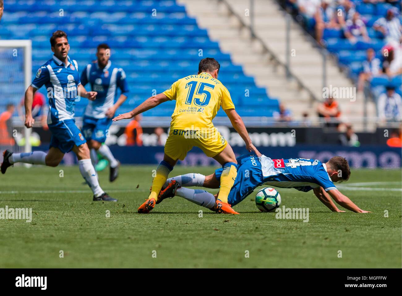 Spagna - 28 Aprile: Espanyol centrocampista Oscar Melendo (14) durante il match tra RCD Espanyol v Las Palmas per il round 35 del Liga Santander, suonato a Cornella-El Prat Stadium il 28 aprile 2018 a Barcellona, Spagna. (Credit: Mikel Trigueros / Urbanandsport / Cordon Premere) Cordon premere Foto Stock