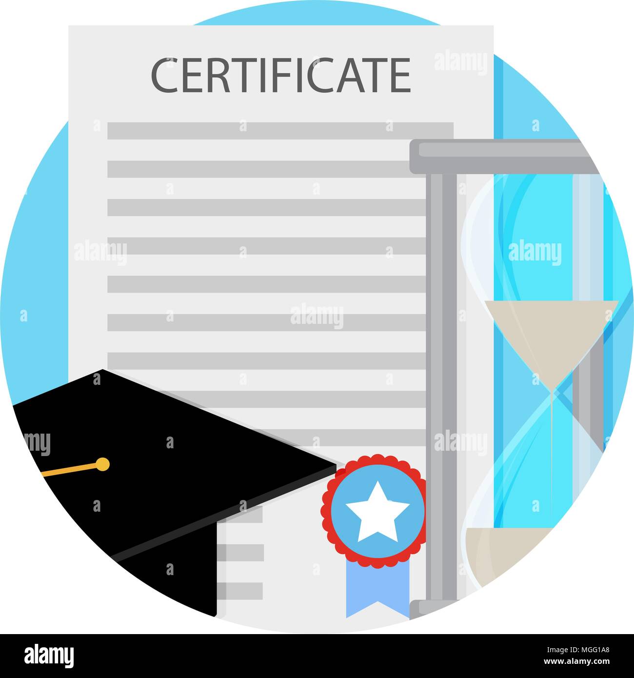 Cap bachelor e icona di un orologio. Insegnare per il certificato, istruzione hat, scuola di apprendimento. Illustrazione Vettoriale Illustrazione Vettoriale