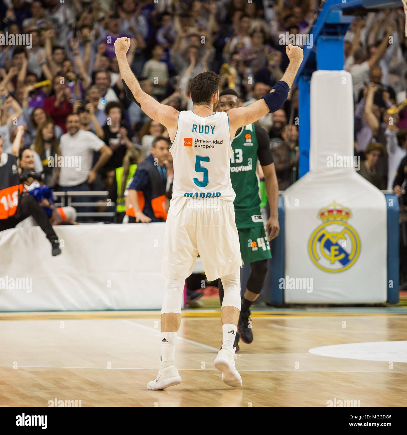 Madrid, Spagna. 27 apr, 2018. Rudy Fernández durante il Real Madrid vittoria sul Panathinaikos Atene (89 - 82) in Turkish Airlines Eurolega serie di spareggio (game 4) celebrata al Centro Wizink a Madrid (Spagna). Il 27 aprile 2018. Credito: Juan Carlos García Mate/Pacific Press/Alamy Live News Foto Stock