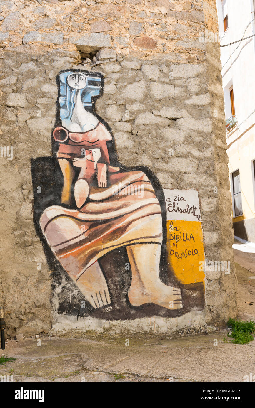 Murales in Orgosolo Italia dal circa 1969 i dipinti murali riflettono diversi aspetti della Sardegna La lotte politiche e questioni internazionali Foto Stock