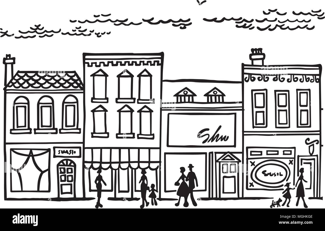 Piccola città Main Street - retrò illustrazione clipart Illustrazione Vettoriale