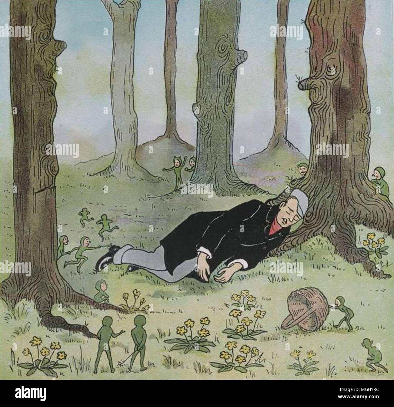 Un vecchio uomo dormendo nei boschi circondate da pixies Foto Stock