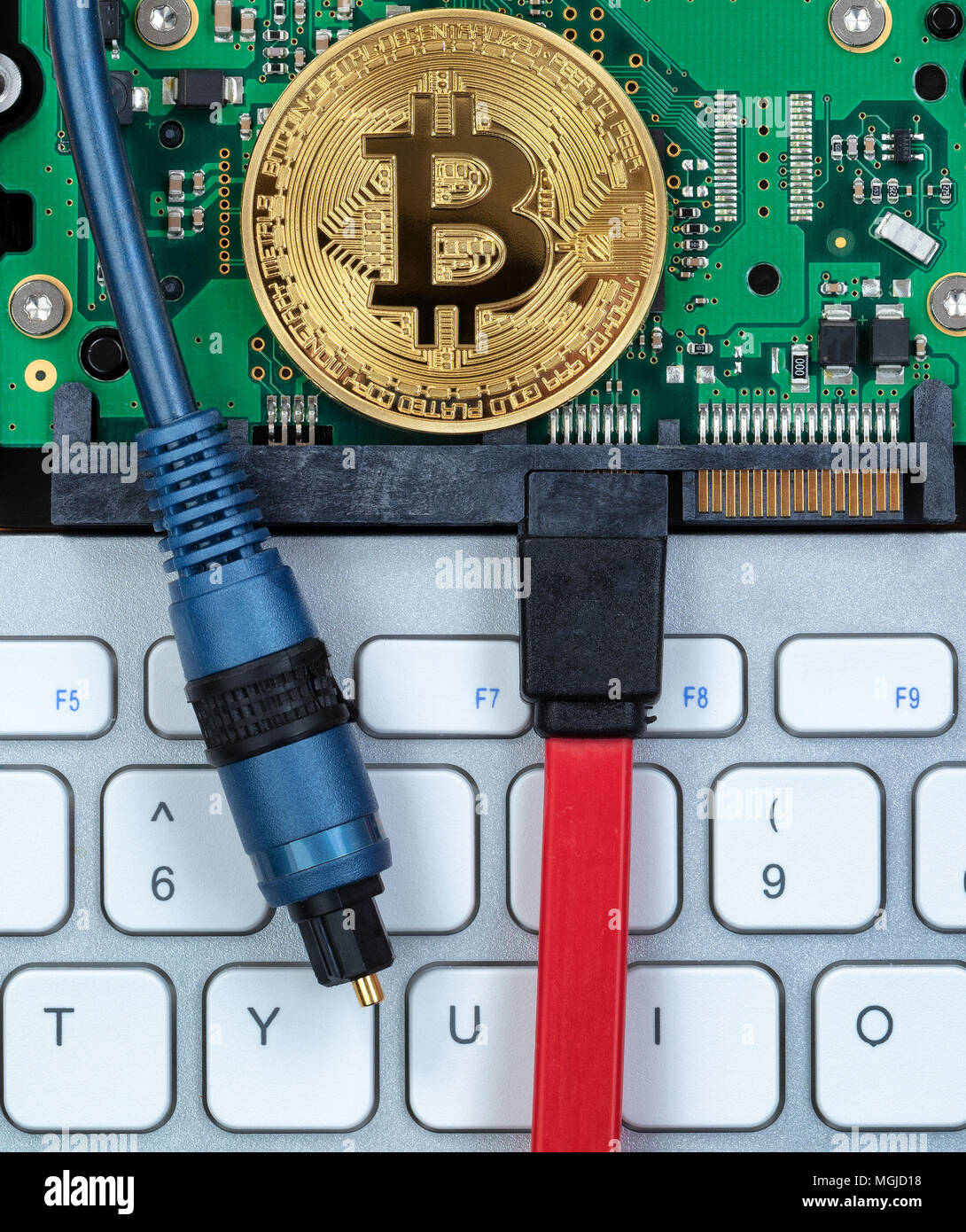 Vista aerea del cyber moneta con la moderna tecnologia informatica Foto Stock