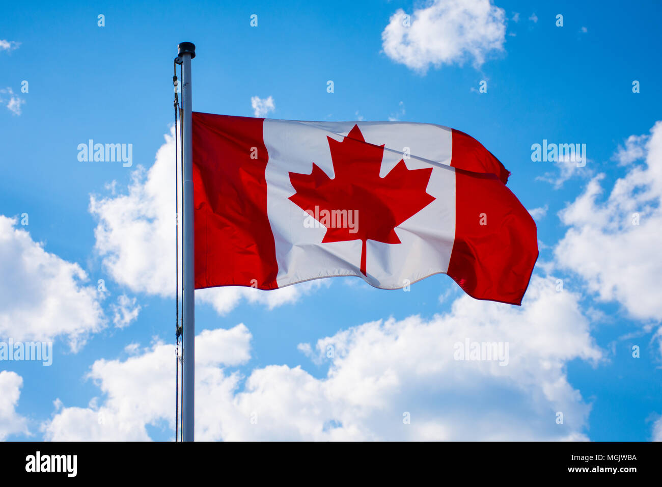 Bandiera canadese sventolare nel cielo blu Foto Stock