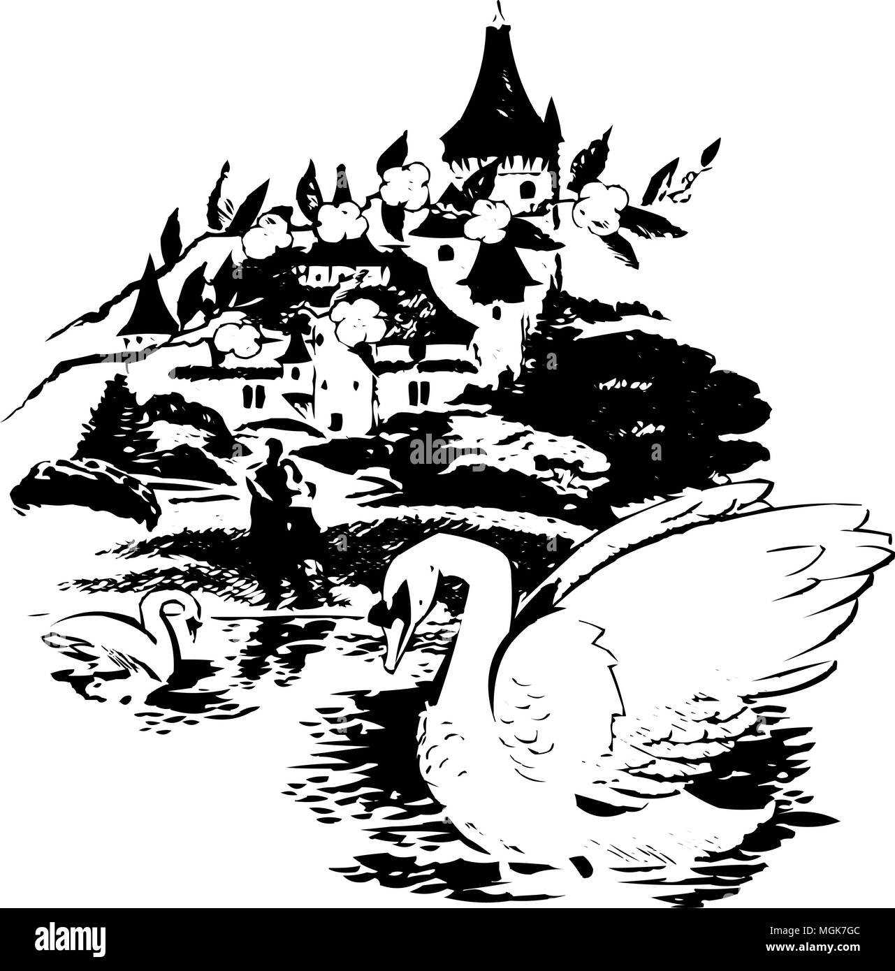 Cigni in riva al lago - retrò illustrazione clipart Illustrazione Vettoriale