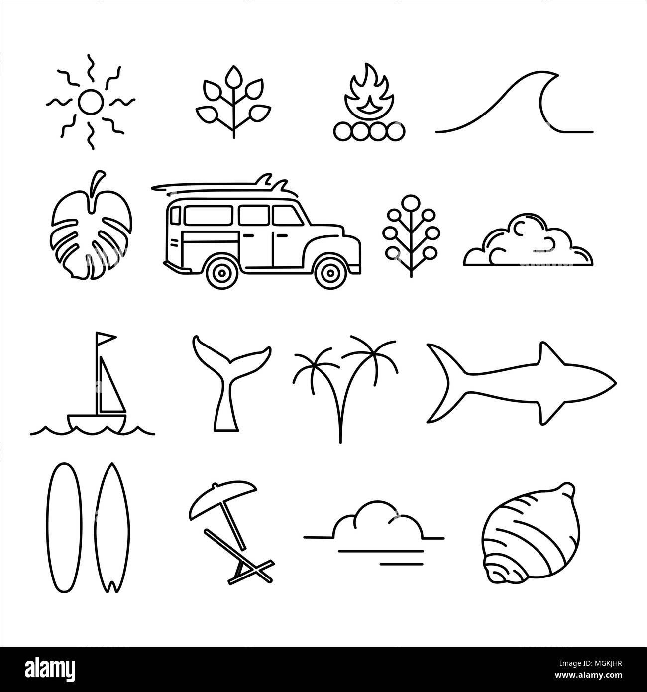 Estate icon set in linea moderna arte stile, grande avventura attività di raccolta di simbolo. Include auto retrò, oceano onda, elementi di surf e piante tropicali. Illustrazione Vettoriale