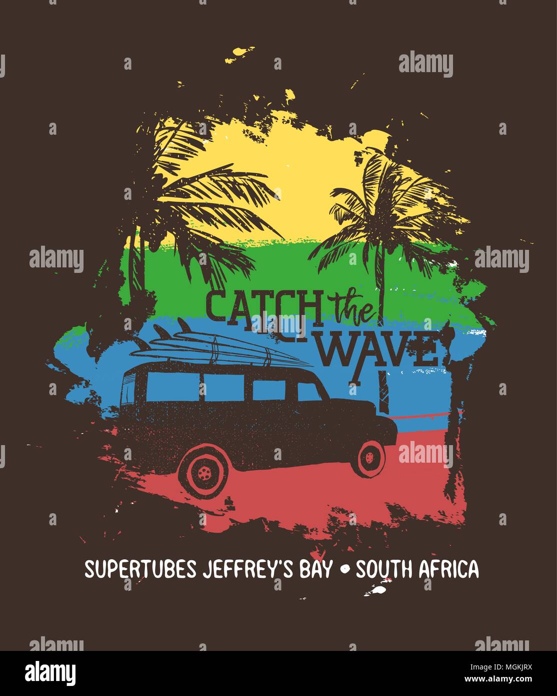 La vacanza estiva in supertubes Jeffreys Bay, Sud Africa. Illustrazione di vacanza con la citazione di testo, auto e tavole da surf sulla spiaggia tropicale. Texture vintage Illustrazione Vettoriale
