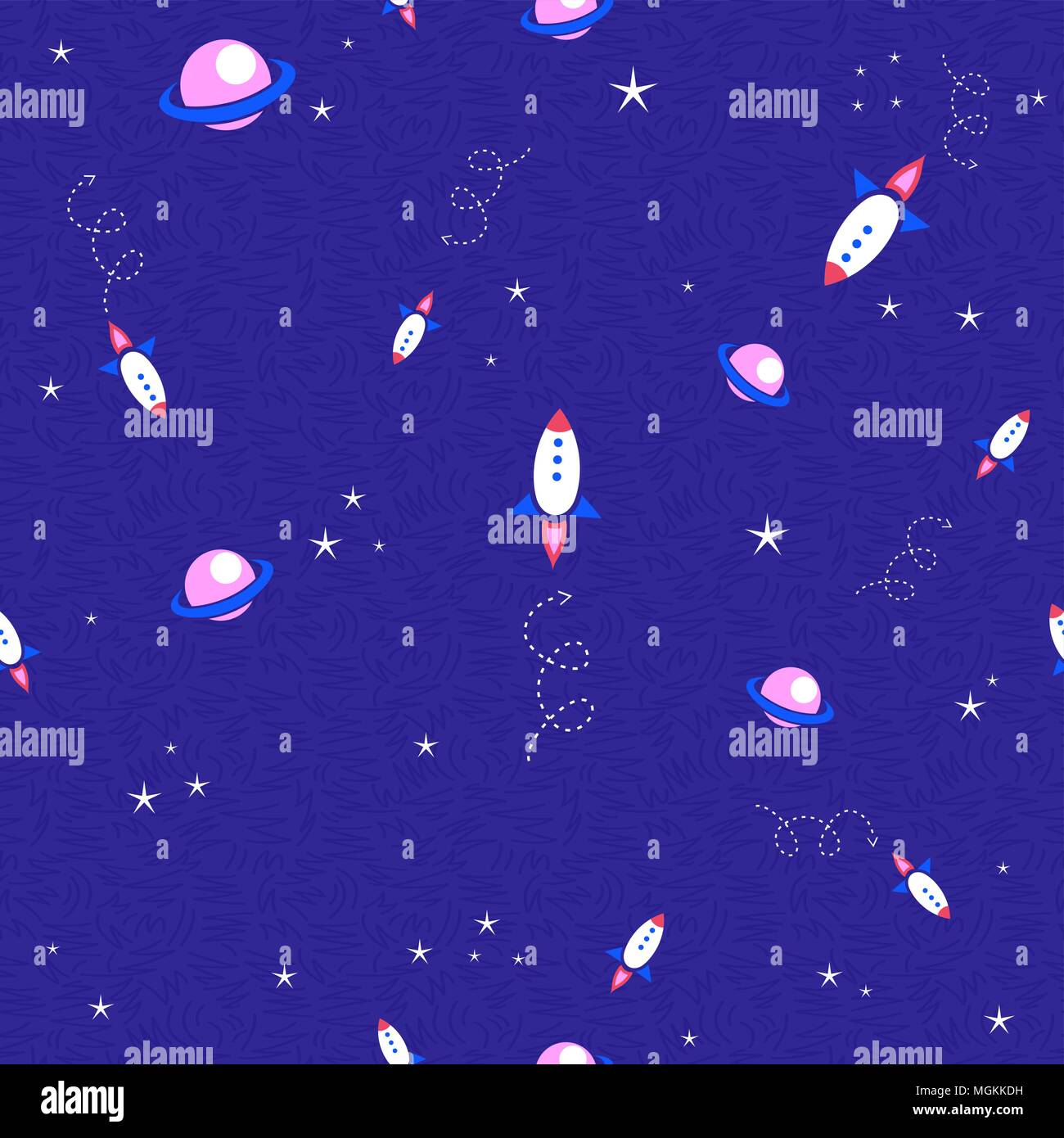 Cosmic seamless pattern di disegnati a mano i pianeti e rucola astronave. Lo spazio esterno galaxy background. EPS10 vettore. Illustrazione Vettoriale