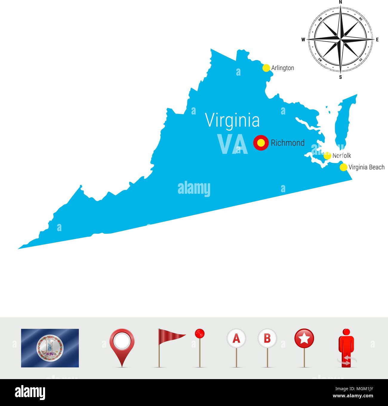 Virginia mappa vettore isolato su sfondo bianco. Alta Silhouette dettagliata dello stato della Virginia. Bandiera Ufficiale della Virginia Illustrazione Vettoriale