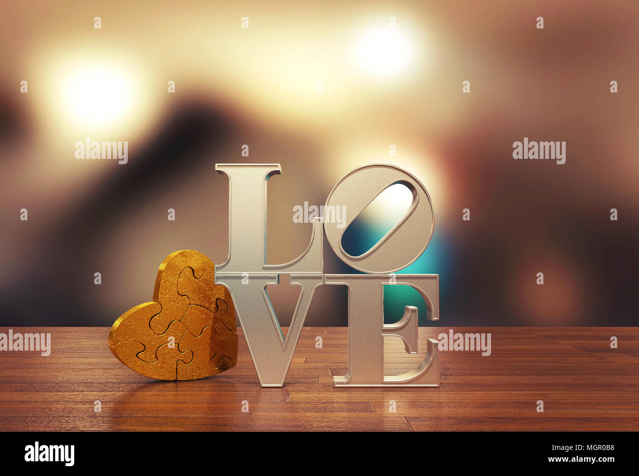 Il messaggio di amore con cuore jigsaw e sfocare lo sfondo per il giorno di San Valentino, rendering 3D Foto Stock