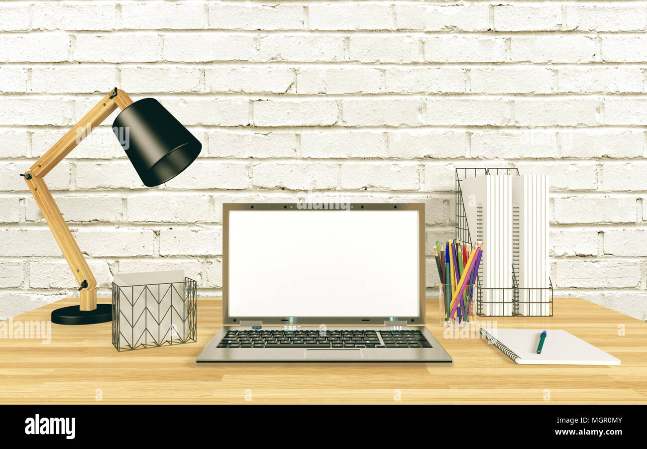 Computer notebook display per mock up sul tavolo di lavoro, rendering 3D Foto Stock