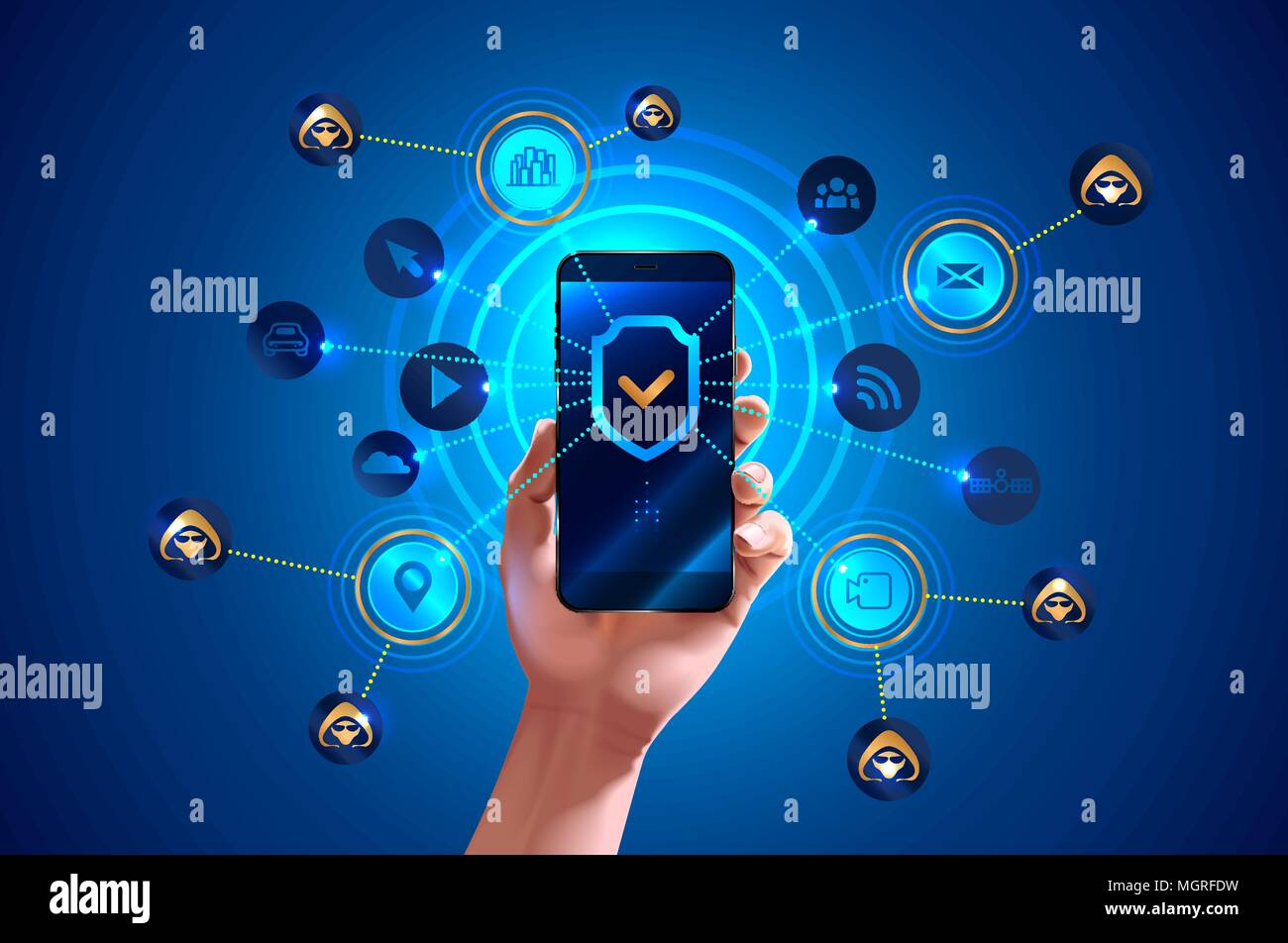 Smartphone è protetto da attacchi di hacker, protetti da virus e spam e antivirus. Mano trattiene smartphone. Icona dello scudo sullo schermo smart phone. Mob Illustrazione Vettoriale