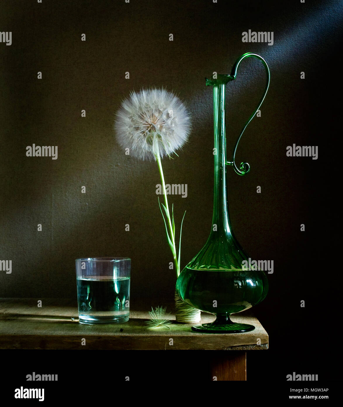 Vintage vita ancora con una brocca e un dente di leone. Foto Stock