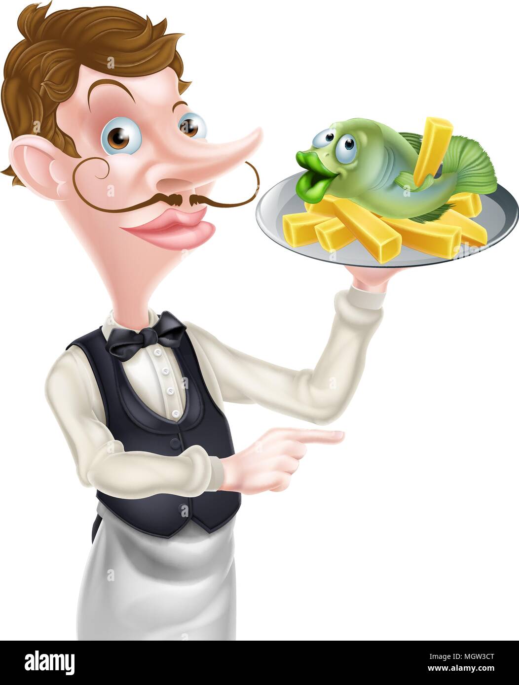 Cartoon cameriere Butler Holding pesce e patatine fritte Illustrazione Vettoriale