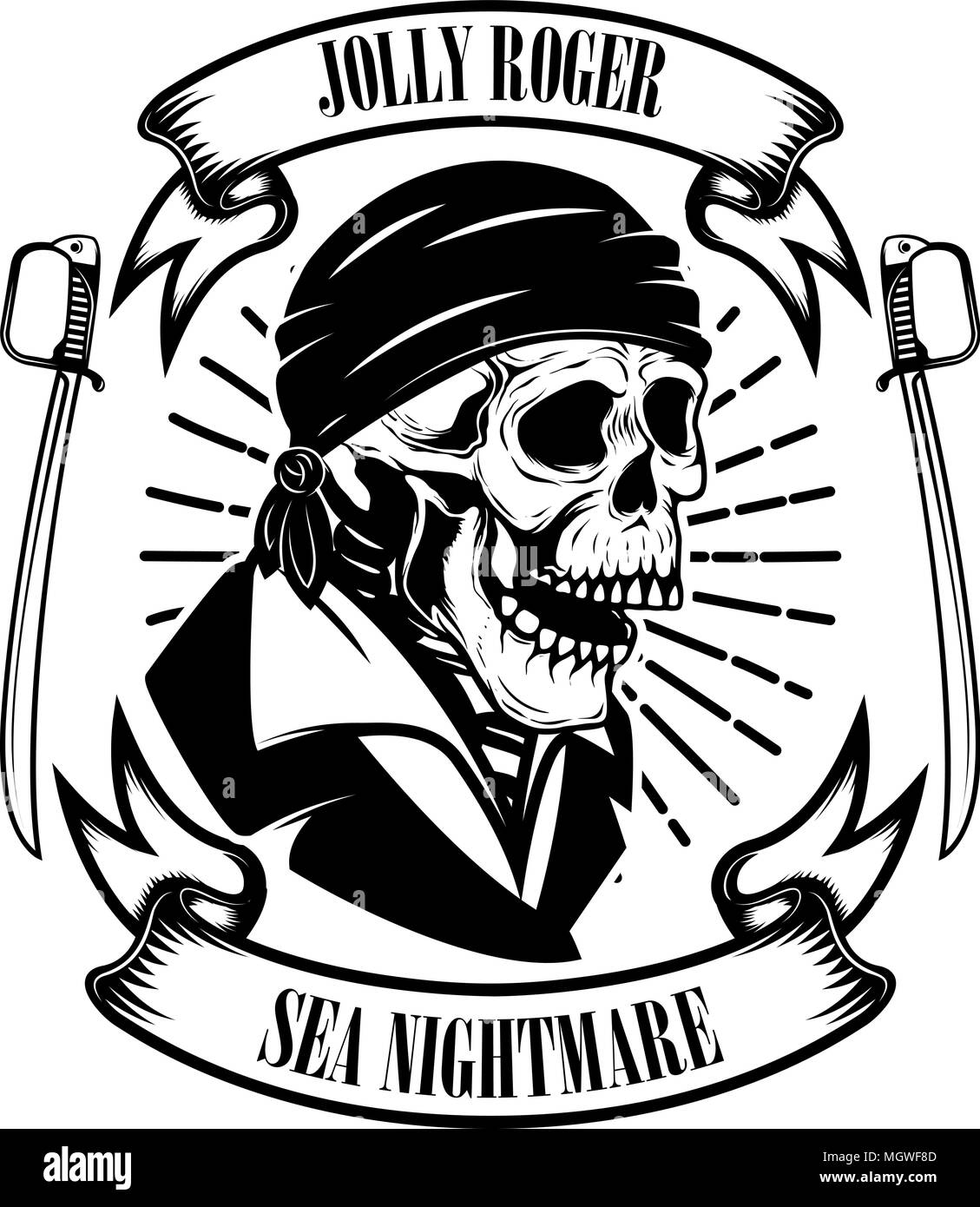 I pirati. Modello emblema con spade e pirata cranio. Elemento di design per il logo, l'etichetta, emblema, segno. Illustrazione Vettoriale Immagine e Vettoriale - Alamy