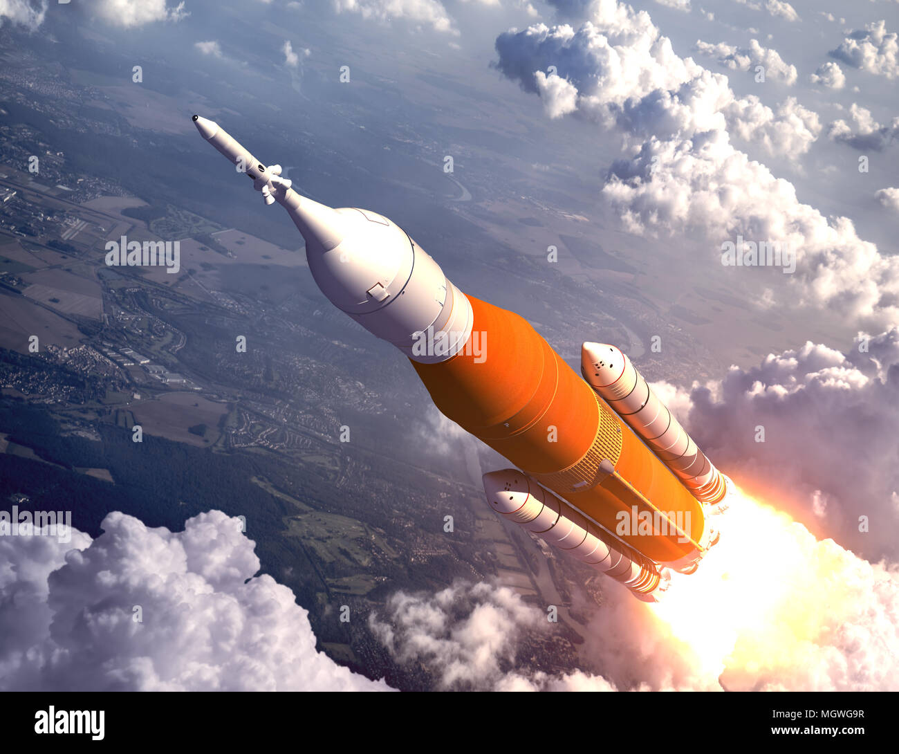 American Space Launch System volare sopra le nuvole. 3D'illustrazione. Foto Stock