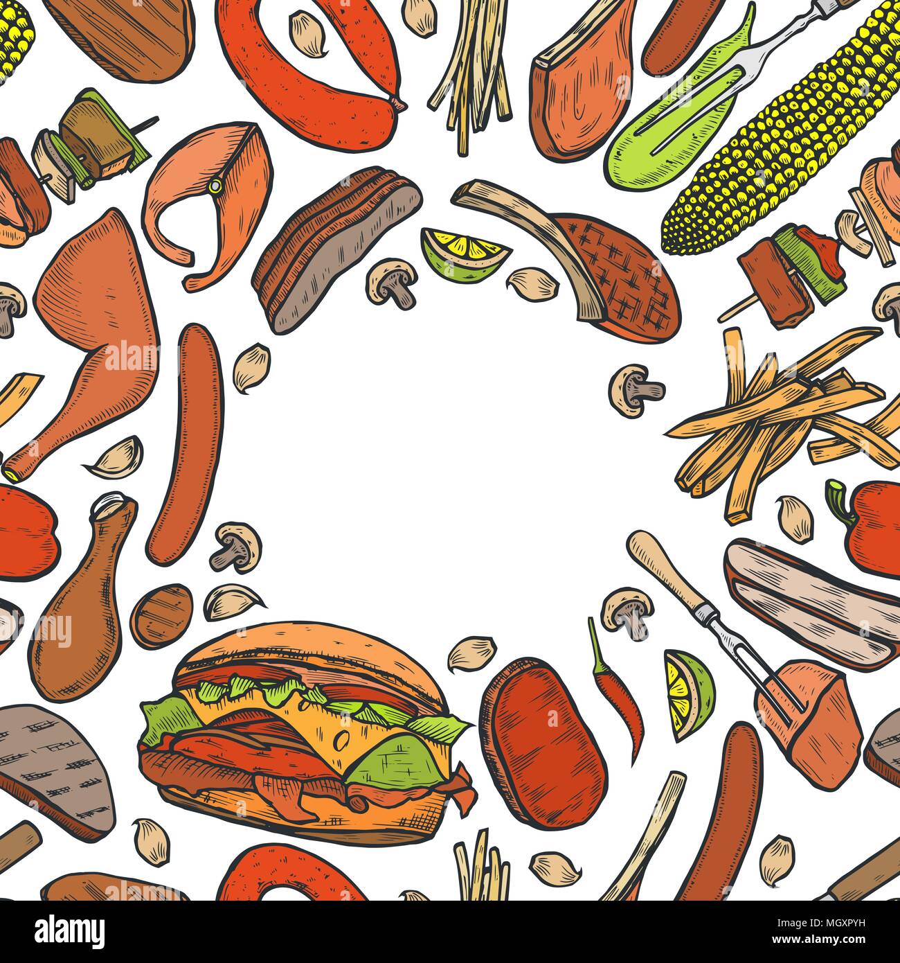 Colorati disegnati a mano verdure grigliate vista superiore telaio, cucina vegetariana. Grill menu Design modello. Illustrazione Vettoriale. Design inciso. illustrati Illustrazione Vettoriale