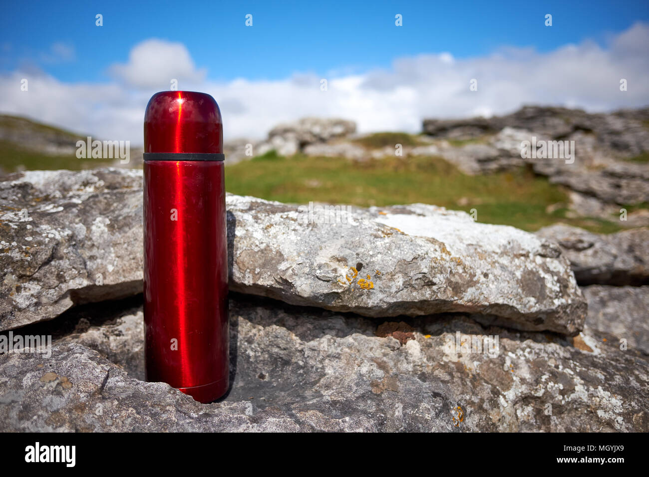 Un rosso beuta da vuoto per bevande calde poggia su un ripiano di pietra calcarea con erba verde e blu cielo dietro Foto Stock