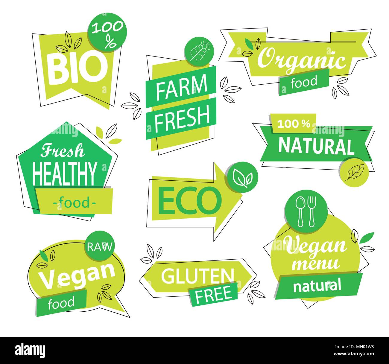 Set di vettore di bio, eco, biologici e naturali adesivi e loghi. Vegane e cibo sano scudetti, tag impostati per il design - cafe, ristoranti, imballaggio Illustrazione Vettoriale