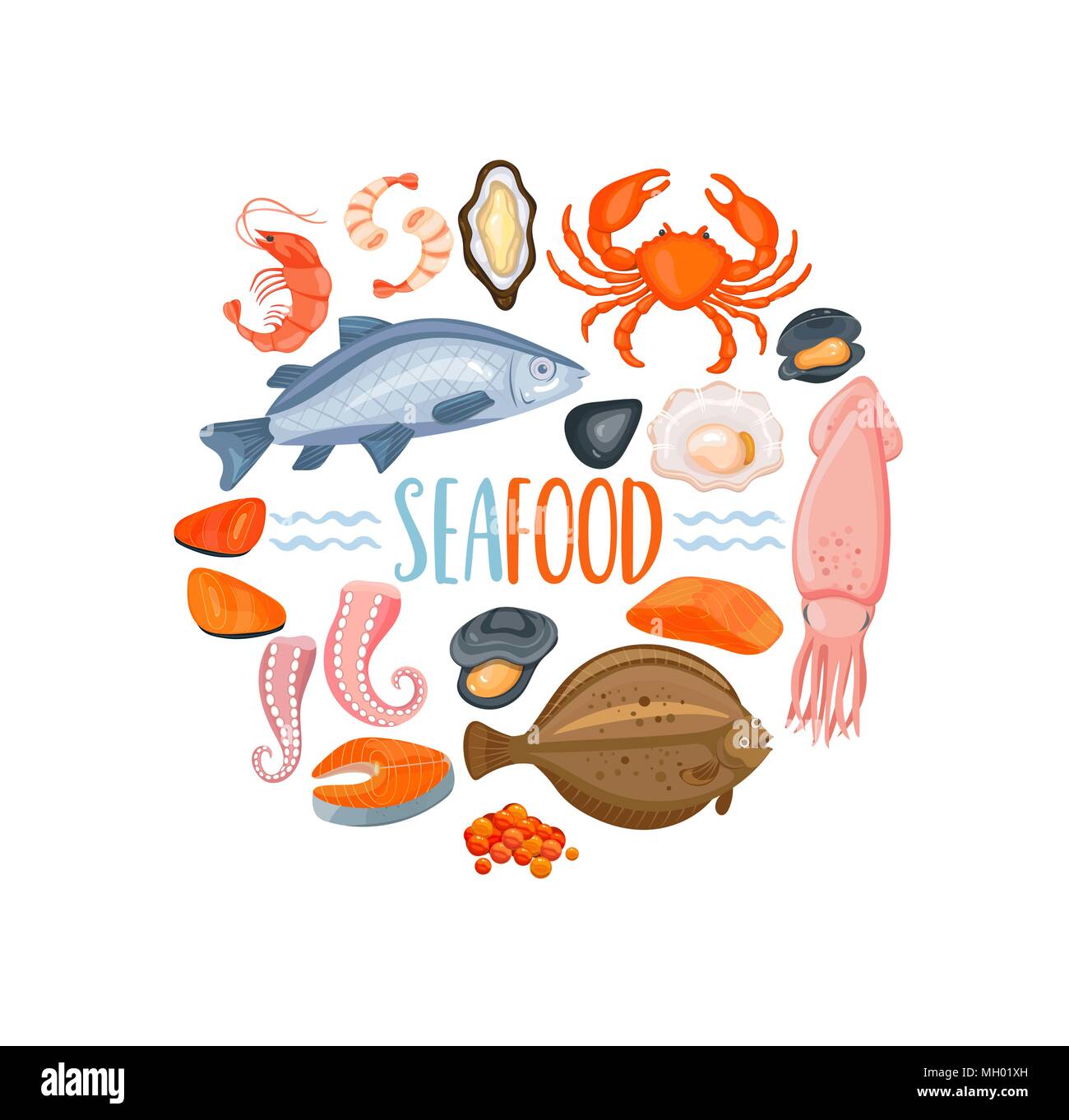 Set di icone seafod in stile cartoon, illustrazione vettoriale. Crostacei, Ostriche e Granchi, salmone e gamberetti e il polpo, gamberetti, le cozze, passera di mare, pesce di mare, Illustrazione Vettoriale