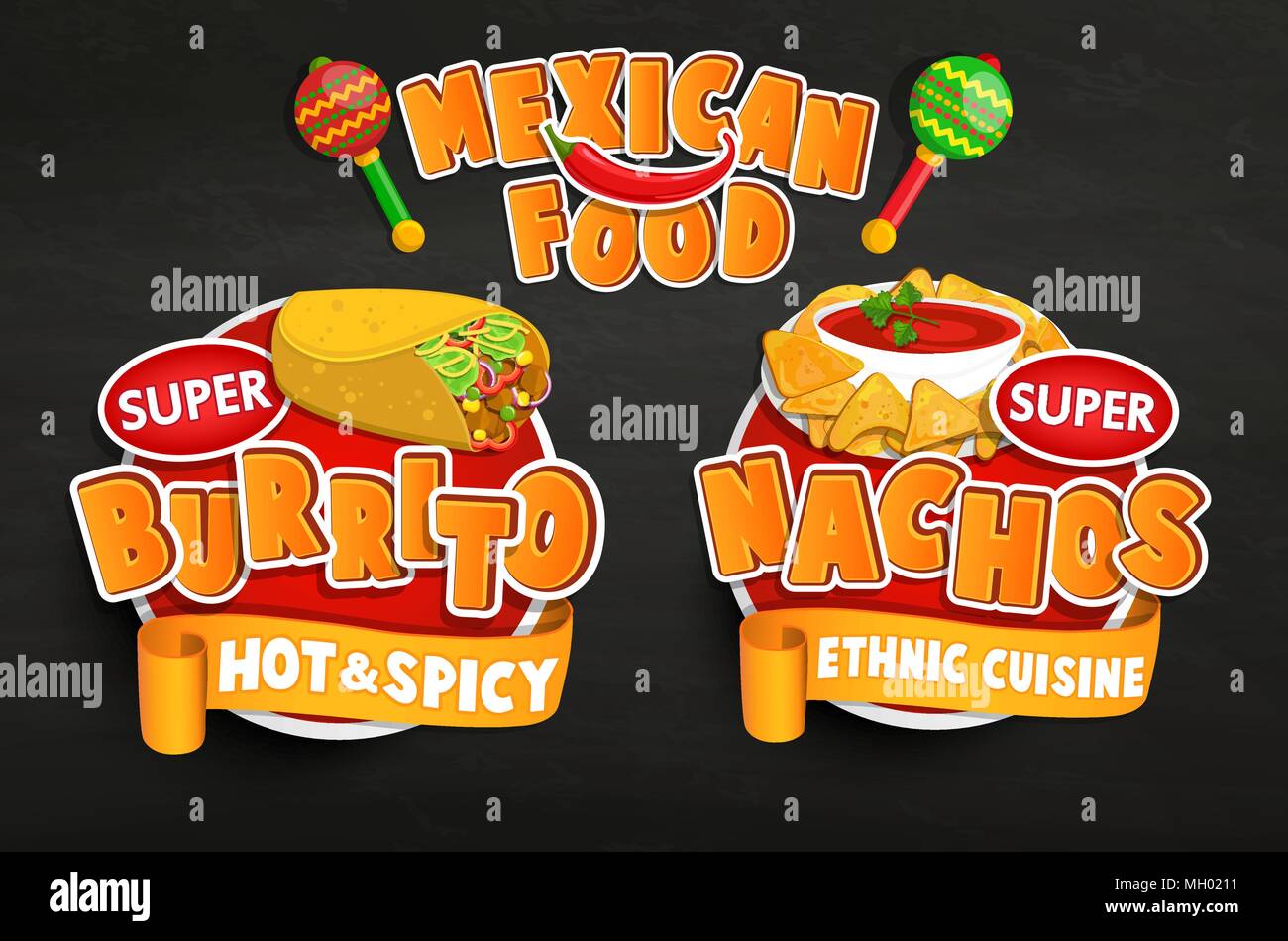 Set di tradizionale cibo messicano emblemi, etichetta alimentare o un adesivo. Burrito, Nachos logo, adesivo, prodotto tradizionale design per negozi, mercati.Vettore. Illustrazione Vettoriale